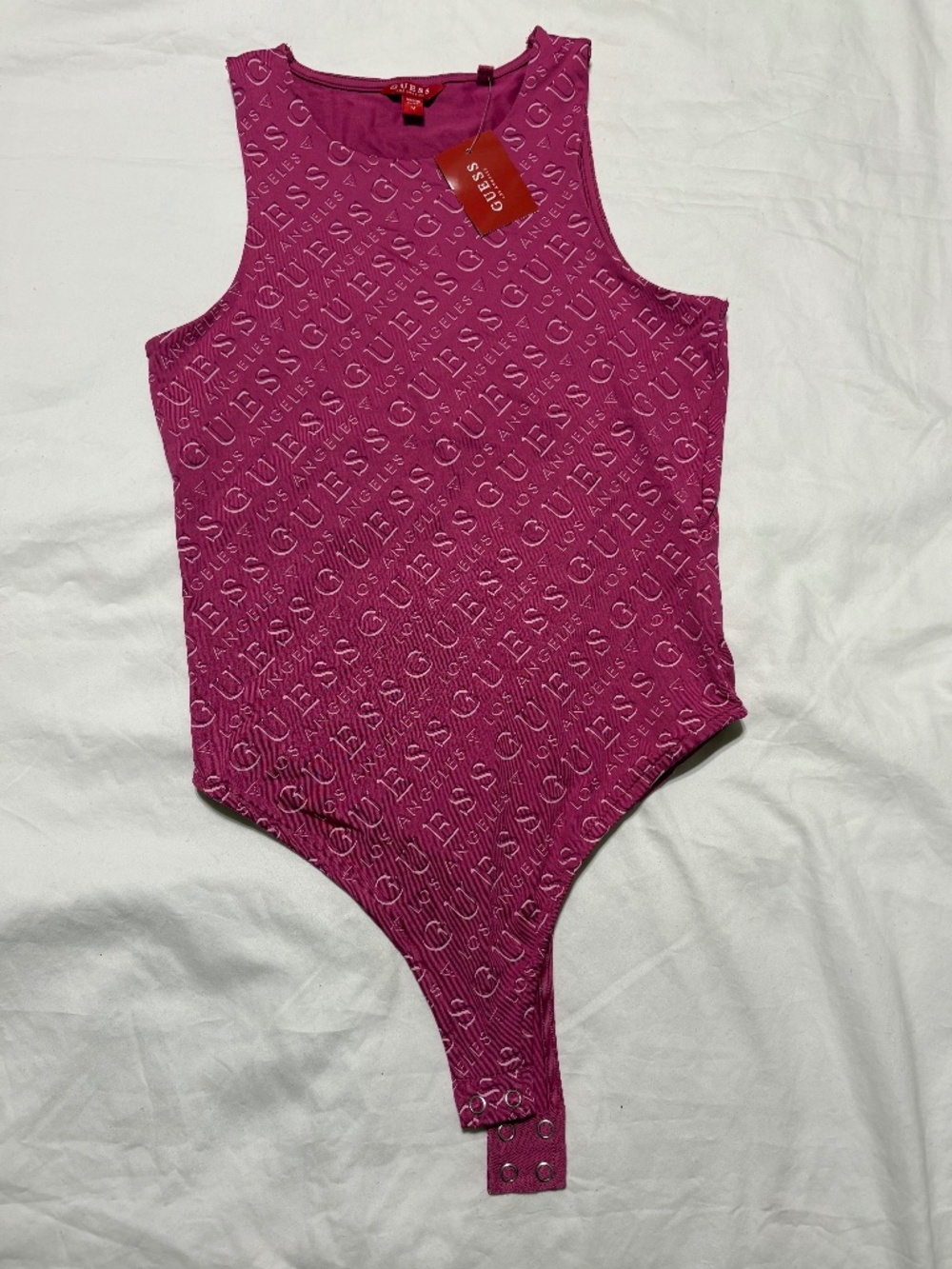 NWT GUESS Idola All Over Logo Bodysuit Magenta Pink Purple Medium